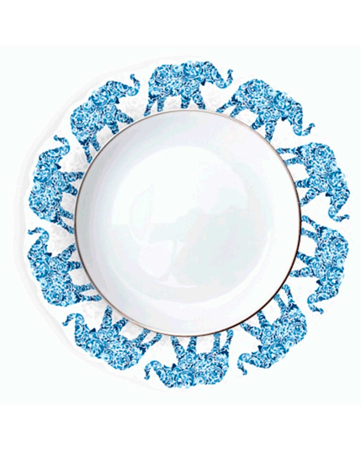 Elephant Patterned Round Placemat Set of 6 pieces- White & Blue